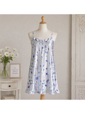 Secret Treasures Y2K Nighty Size XL Nightgown Blue Satin Slip Dress Ruffle Hem